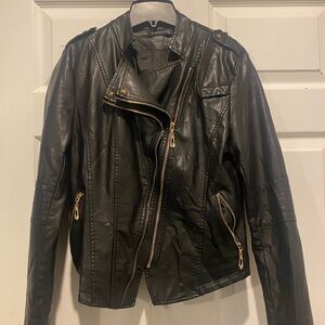 Womens Faux Black Leather Jacket with Gold Zippers
